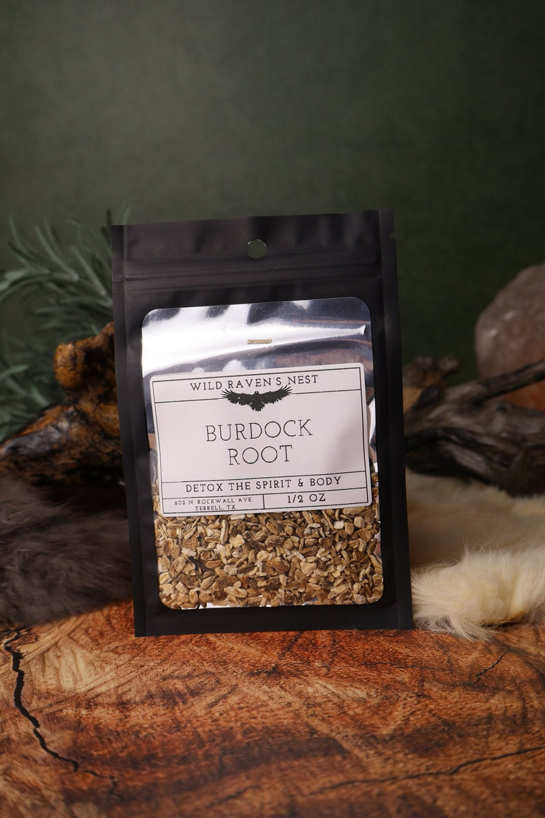 Burdock Root dried herb in a 1/2 oz Wild Raven's Nest bag, Detox the Spirit & Body
