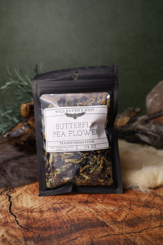 Butterfly Pea Flower dried herb in a 1/2 oz Wild Raven's Nest bag, Transformation