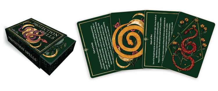 Protection Spells card deck with mystical snake and crescent moon artwork on green background
