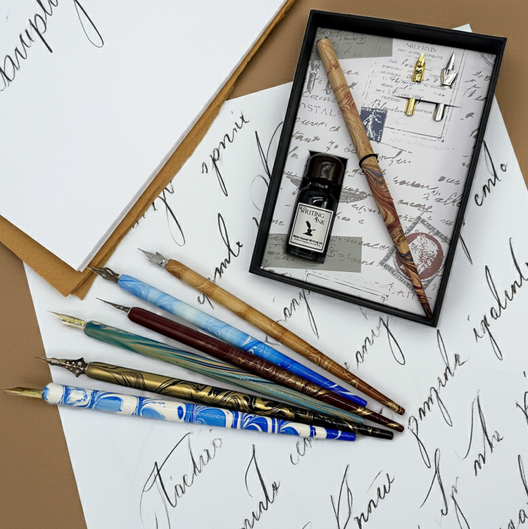 Calligraphy Dip Pen & Ink Starter Gift Set with Wood Pen: Brown Marble Pen with Sepia Ink