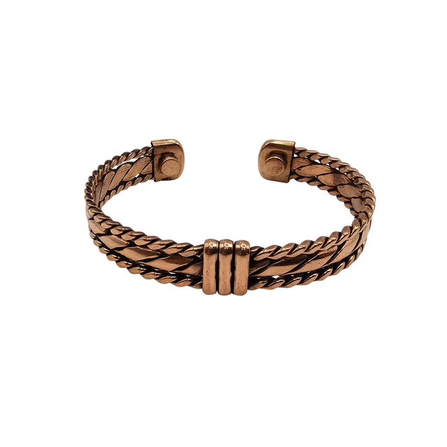 Copper-toned braided cuff bracelet with magnetic clasp, ideal for spiritual and metaphysical jewelry collections.