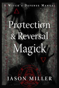 Protection and Reversal Magick book cover with shadowy hands, runes, and occult symbols