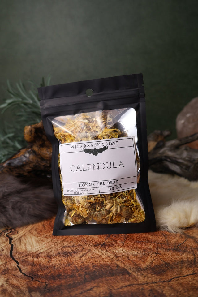 Calendula dried herb in a 1/2 oz Wild Raven's Nest bag, Honor the Dead
