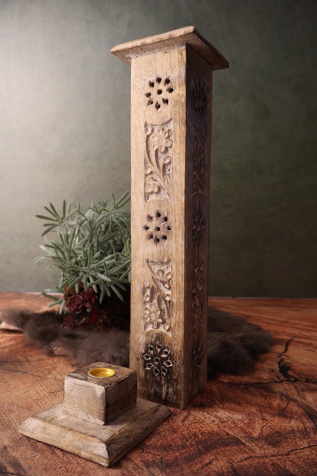 Hand Carved Wooden Incense Burner Tower - Floral