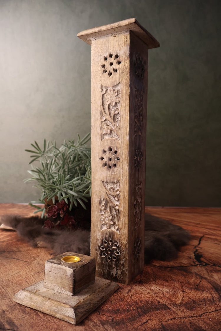 Hand Carved Wooden Incense Burner Tower - Floral