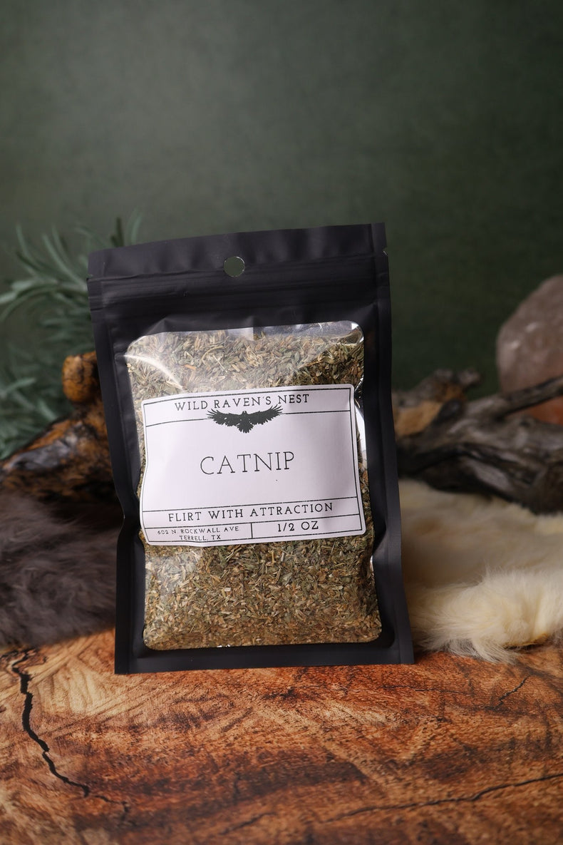 Catnip dried herb in a 1/2 oz Wild Raven's Nest bag, Flirt with Attraction