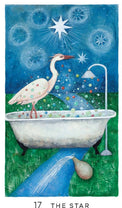 Tarot card The Star featuring a heron in a bubble-filled bathtub under bright celestial stars.