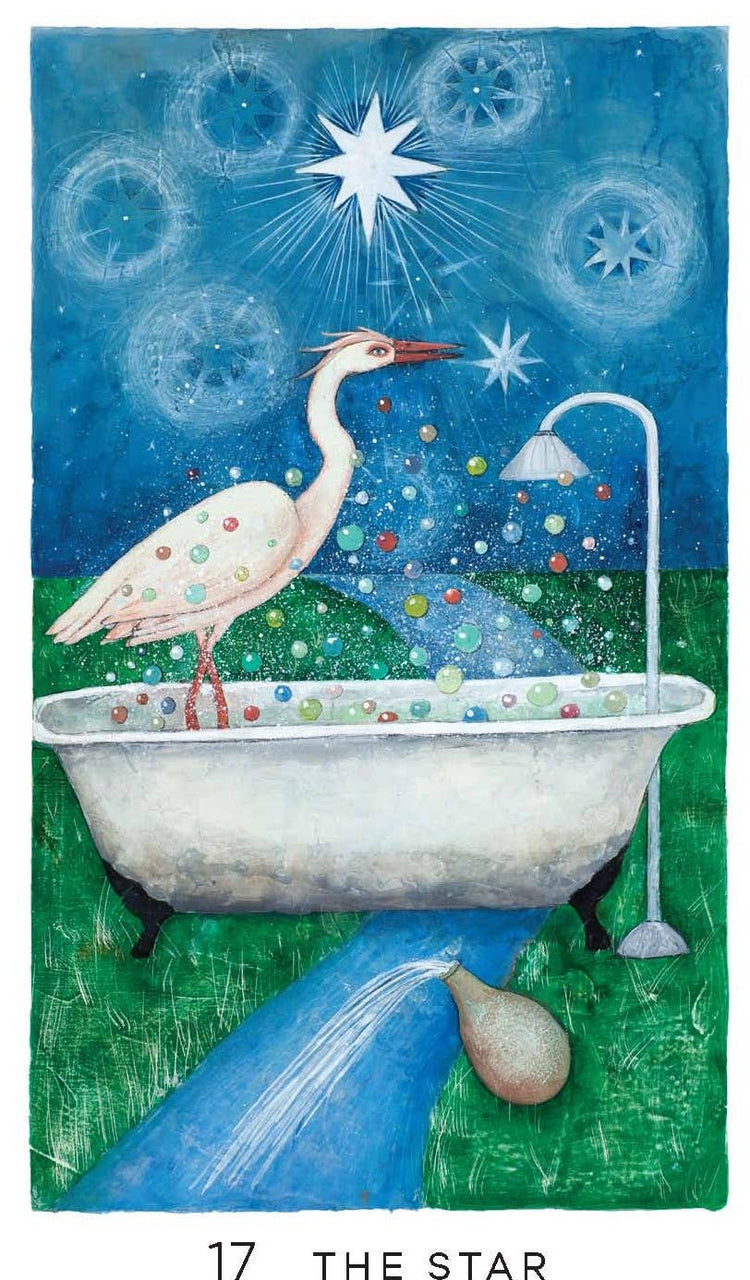 Tarot card The Star featuring a heron in a bubble-filled bathtub under bright celestial stars.
