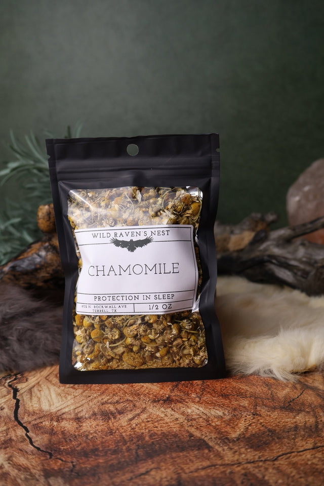 Chamomile dried herb in a 1/2 oz Wild Raven's Nest bag, Protection in Sleep