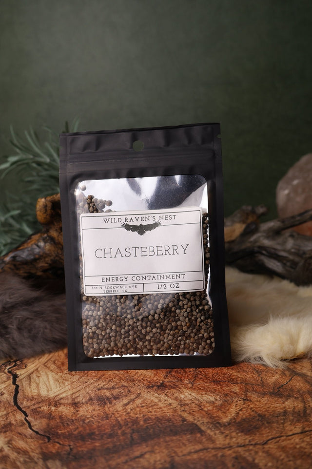 Chasteberry dried herb in a 1/2 oz Wild Raven's Nest bag, Energy Containment
