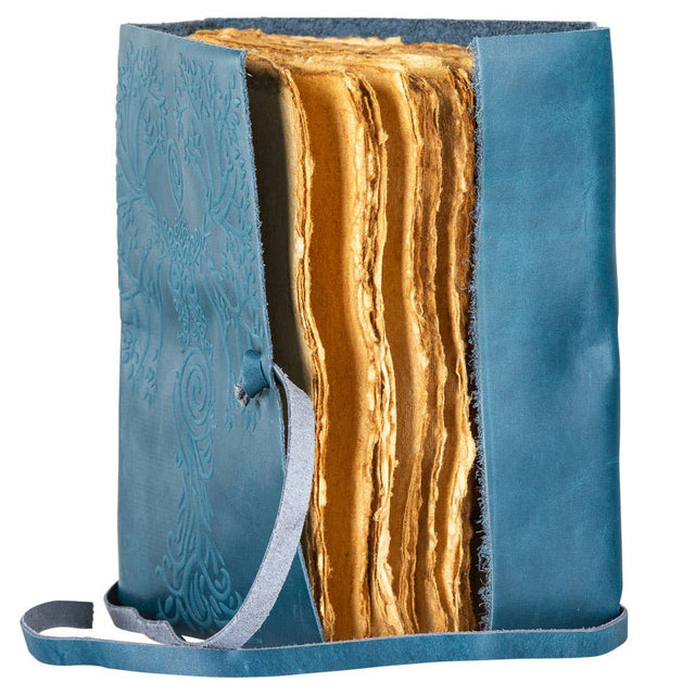 Handmade leather journal with embossed cover and rough edge yellow paper pages