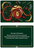 Tarot card with red snake, gold moon, stars, green leaves, and flowers, plus protection colors text.