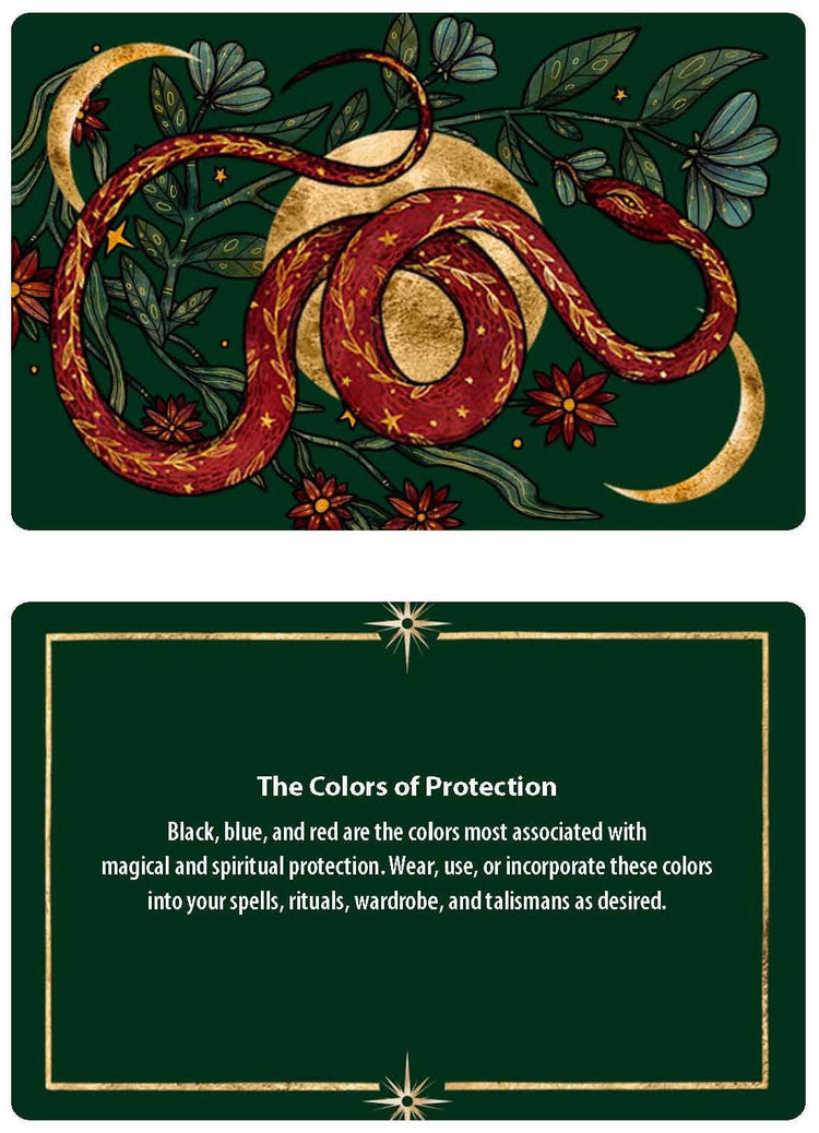 Tarot card with red snake, gold moon, stars, green leaves, and flowers, plus protection colors text.