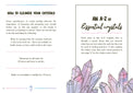 Guide on cleansing crystals, crystal healing tips, and illustrated pastel crystals.