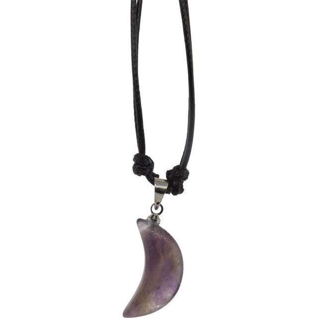 Amethyst crescent moon pendant on black cord necklace for spiritual healing and metaphysical practices