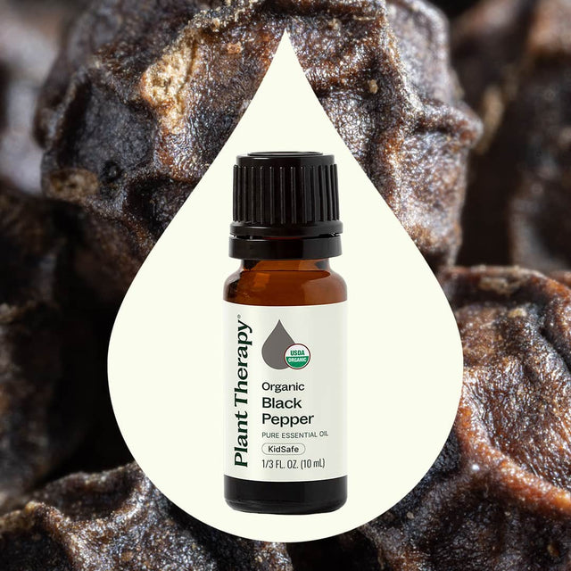 Organic Black Pepper essential oil in amber bottle, USDA certified, KidSafe, for spiritual wellness and aromatherapy