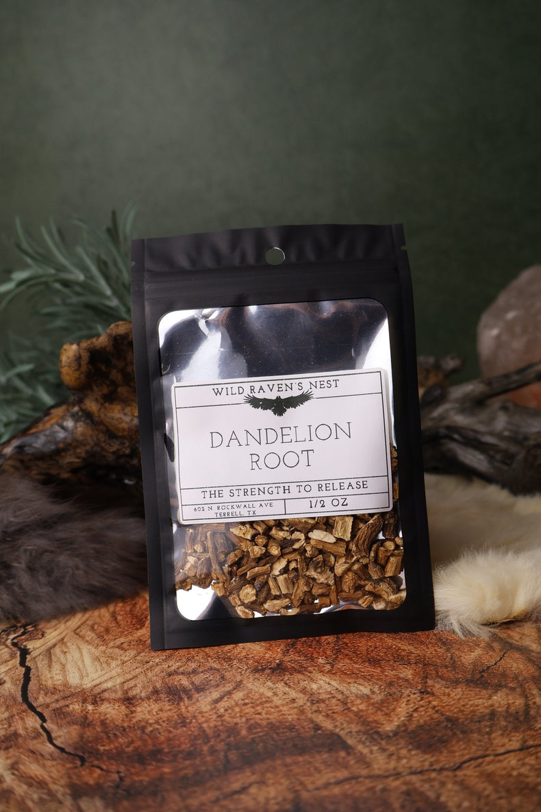 Dandelion Root dried herb in a 1/2 oz Wild Raven's Nest bag, The Strength to Release