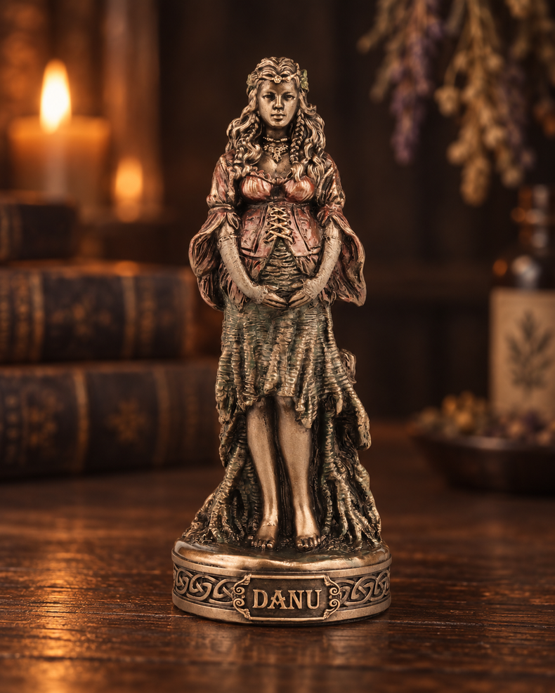 A detailed figurine of a pregnant woman named Danu, styled with an antique bronze finish, standing on a decorative base labeled 'DANU' in a warm, atmospheric room setting with books and candles in the background.