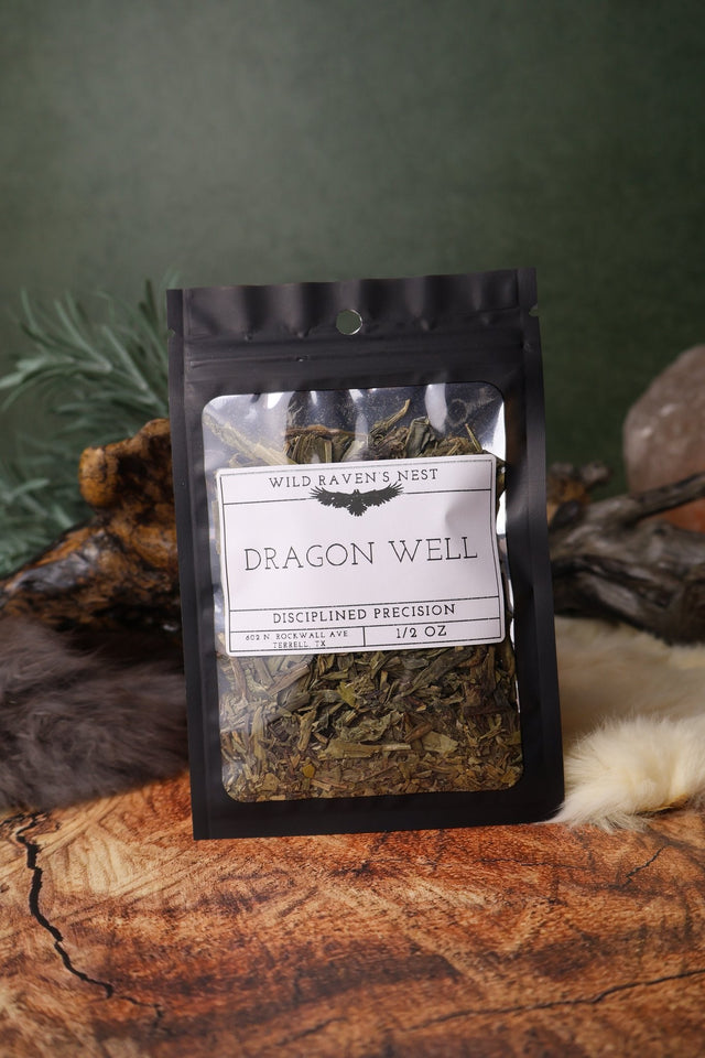 Dragon Well Green Tea dried herb in a 1/2 oz Wild Raven's Nest bag, Disciplined Precision
