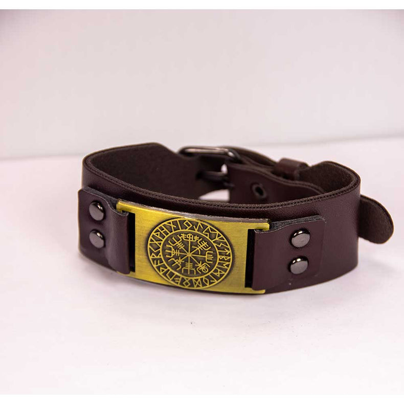 Vegan Leather Adjustable Bracelet Viking Runes Vegvisir
