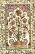 Decorative tapestry with a central tree design surrounded by animals and floral patterns on a white background.
