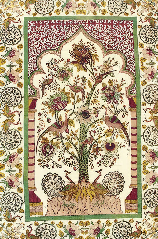 Decorative tapestry with a central tree design surrounded by animals and floral patterns on a white background.