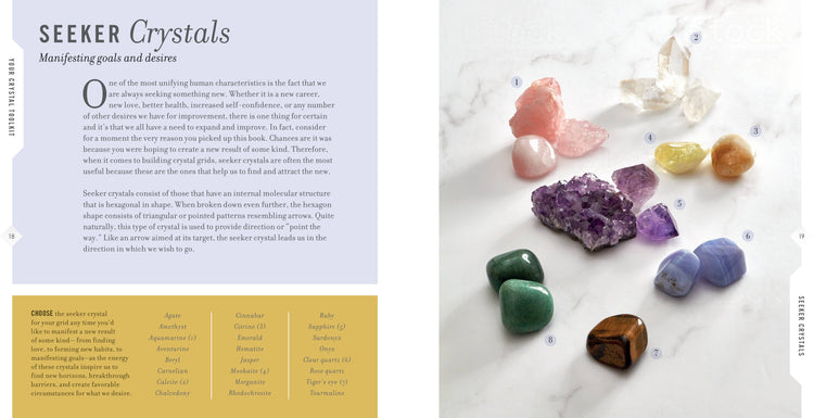 Assorted polished and raw crystals for manifesting goals, displayed on white marble background.