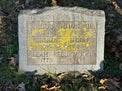 Weathered gravestone for Jacob, Thomas, and Leah Rees Moon, covered in yellow lichen, set in grass with fallen leaves.