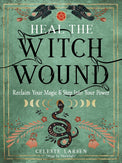 Book cover of 'Heal the Witch Wound' with mystical snake, moons, and birds on green background