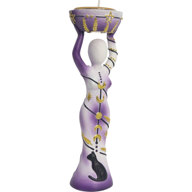 Purple goddess candle holder with celestial designs and black cat, metaphysical decor