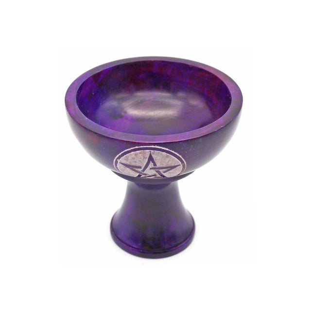 Purple pentacle chalice for spiritual rituals and altar decor, featuring a star symbol on a pedestal base.