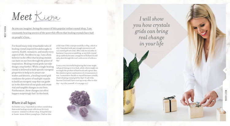 Woman arranging healing crystals in gift boxes, with amethyst stones and a potted plant nearby.