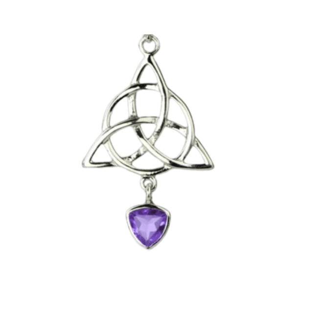 Silver triquetra pendant with purple amethyst gem, spiritual jewelry for healing and protection