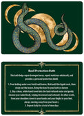 Green card with gold snake and crescent moons, text recipe for basil protection bath ritual.