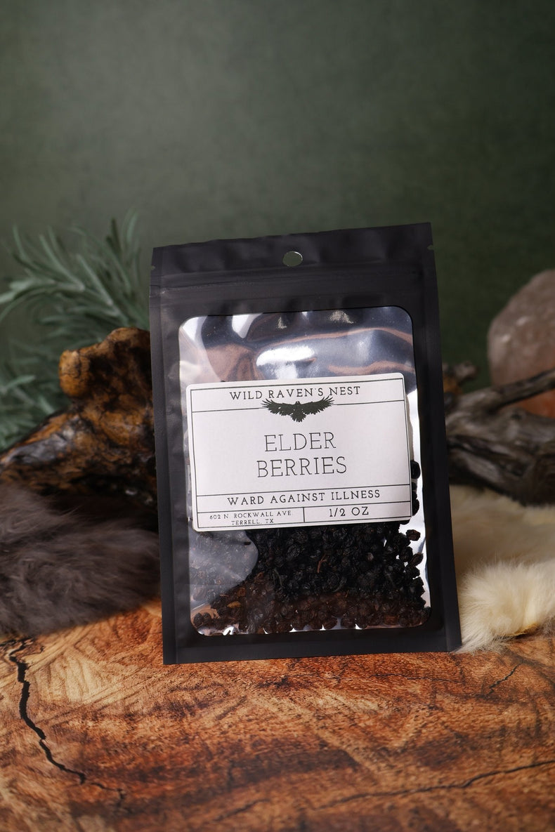Elder Berries dried herb in a 1/2 oz Wild Raven's Nest bag, Ward Against Illness