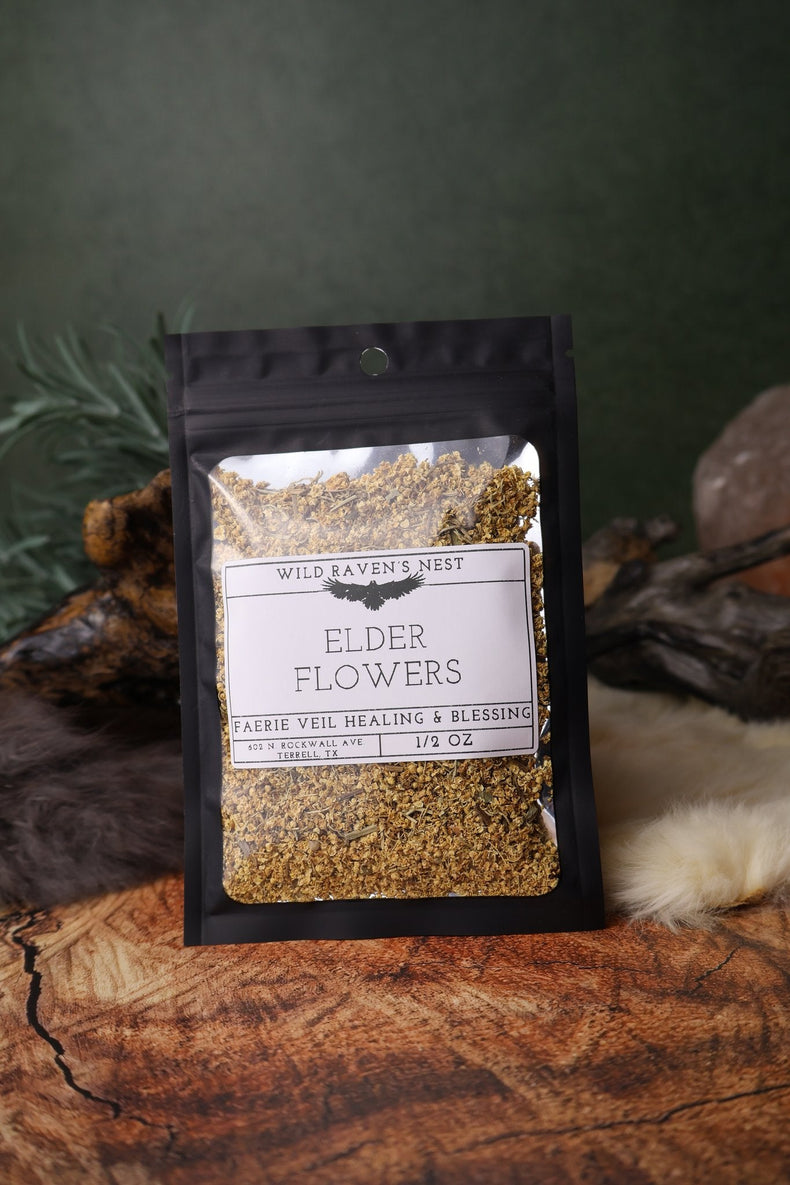 Elder Flowers dried herb in a 1/2 oz Wild Raven's Nest bag, Faerie Veil Healing & Blessing