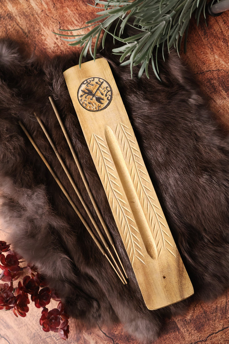 Wide Engraved Wood Incense Holder Dragonfly