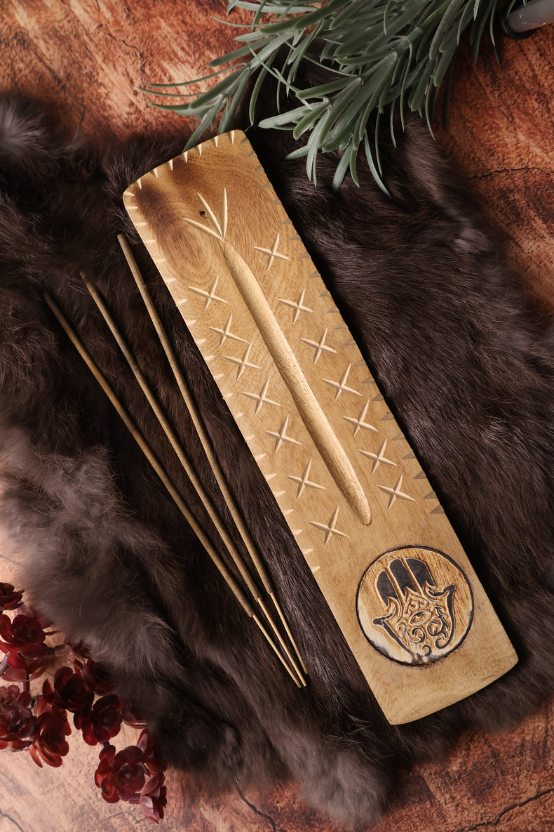 Wide Engraved Wood Incense Holder Fatima Hand
