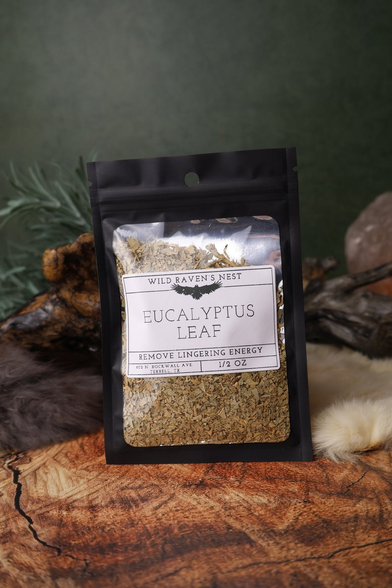 Eucalyptus Leaf dried herb in a 1/2 oz Wild Raven's Nest bag, Remove Lingering Energy