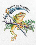 Manifest the Matriarchy watercolor artwork of a frog with a scythe and ferns