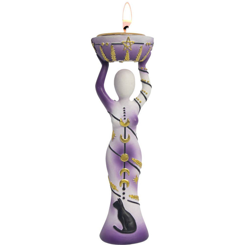 Purple goddess candle holder with pentacle, crescent moons, and black cat design