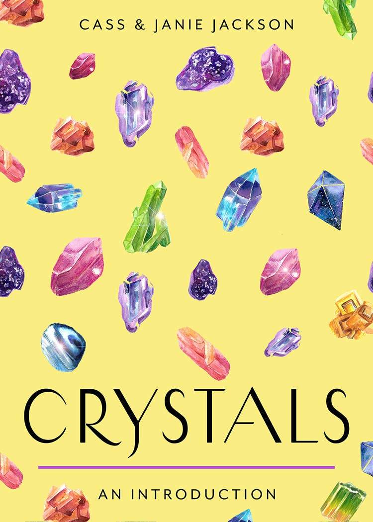 Colorful crystal illustrations on yellow background, book cover titled 'Crystals: An Introduction'