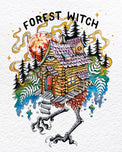 Baba Yaga Forest Witch watercolor artwork, hut on chicken legs under a red moon