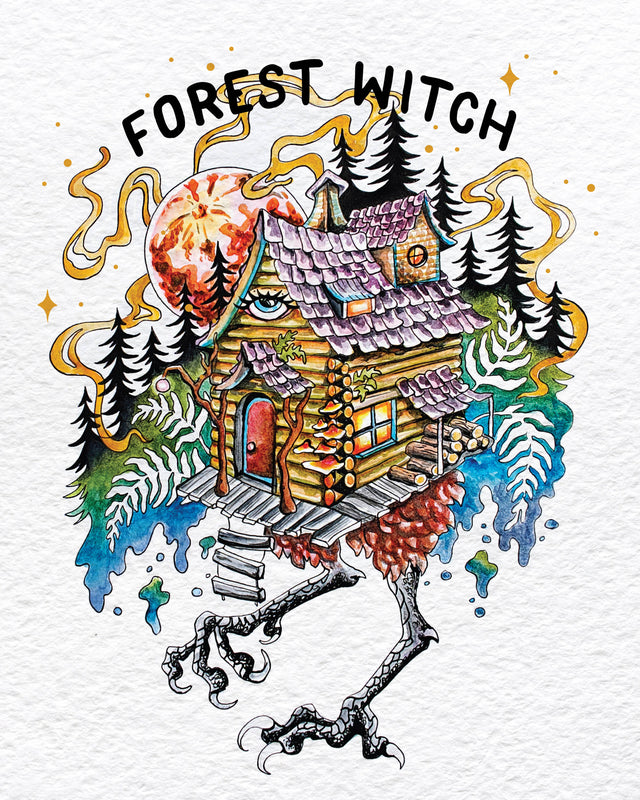 Baba Yaga Forest Witch watercolor artwork, hut on chicken legs under a red moon