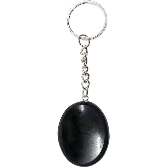Smooth black obsidian oval keychain with silver chain and ring, metaphysical protection amulet
