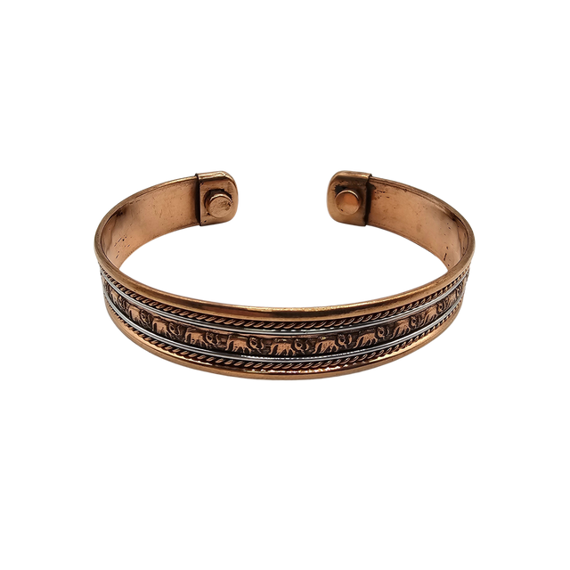 Copper cuff bracelet with engraved elephant and rope patterns, spiritual jewelry for healing and mindfulness