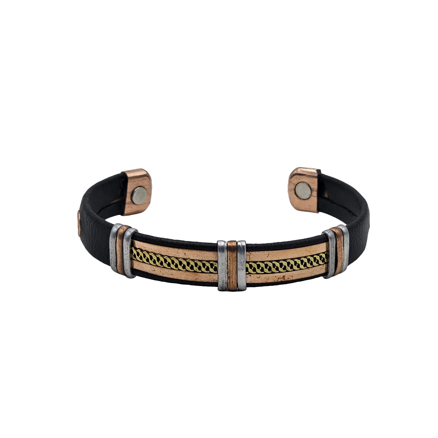 Solid Copper pvc Leather Wrapped Magnetic Bracelet Cuff: Silver Tone - B