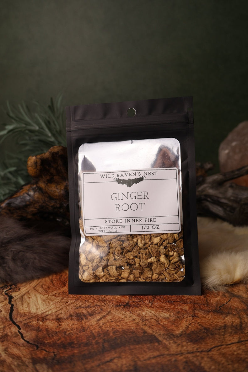 Ginger Root dried herb in a 1/2 oz Wild Raven's Nest bag, Stoke Inner Fire