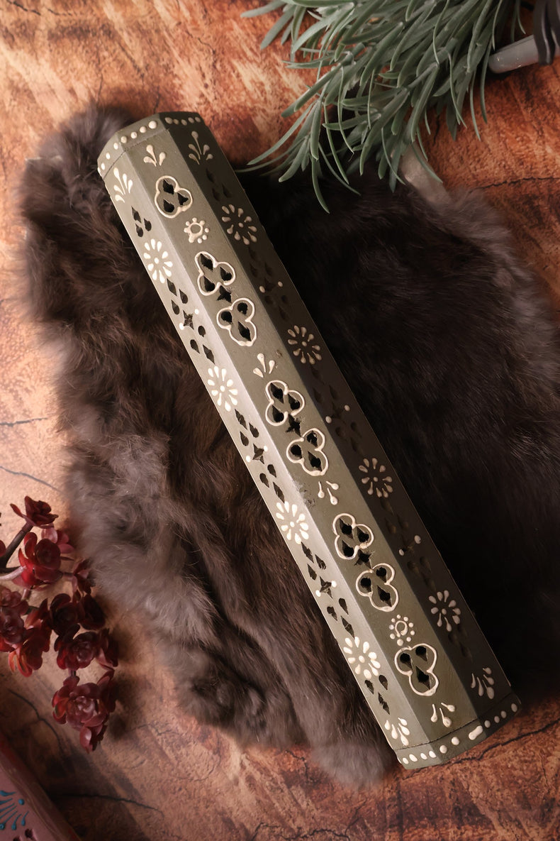 Hand Painted Wooden Incense Box | Grey, 12 in