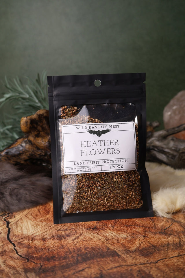 Heather Flowers dried herb in a 1/2 oz Wild Raven's Nest bag, Land Spirit Protection